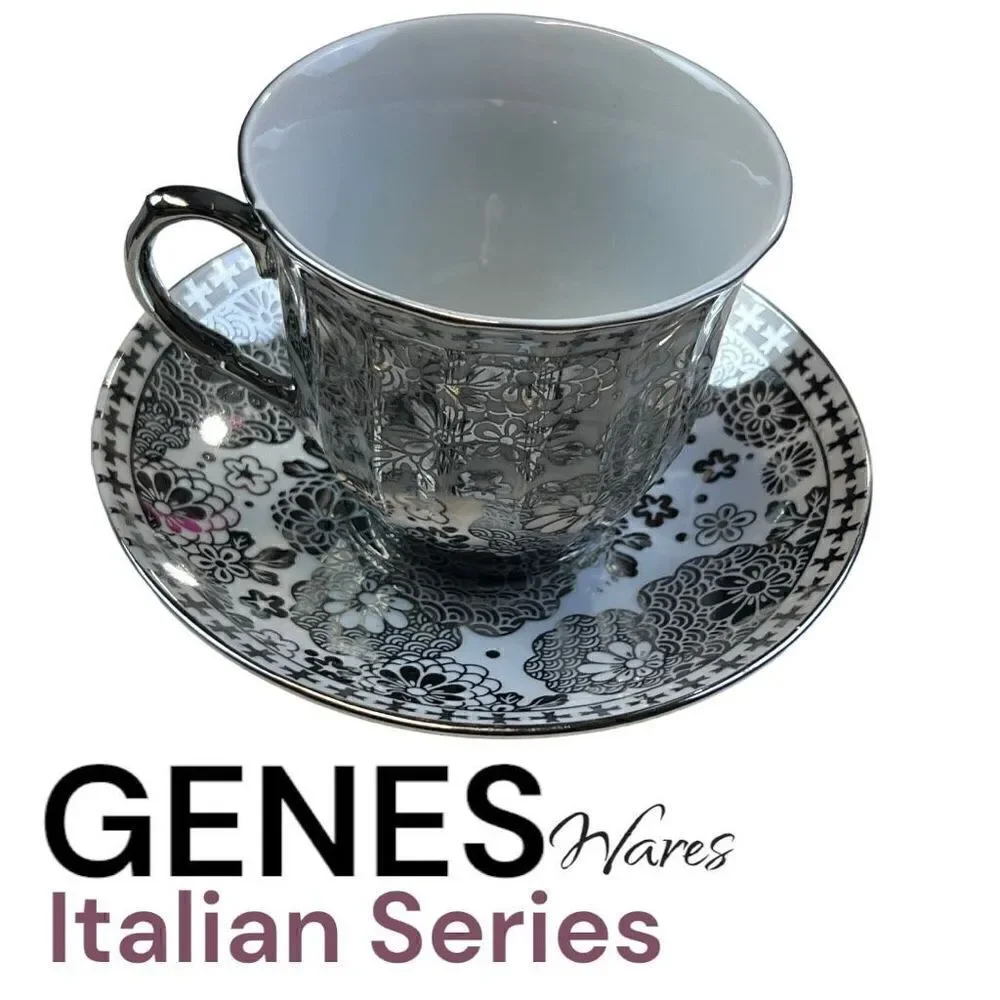 Genes Wares Italian Series Teacup and Saucer Set of 1 Silver White Floral Print